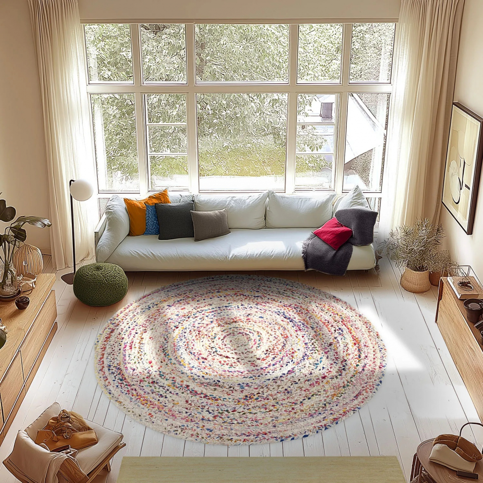 Rund matta 'Flätan' 120cm - Vit/Multi
