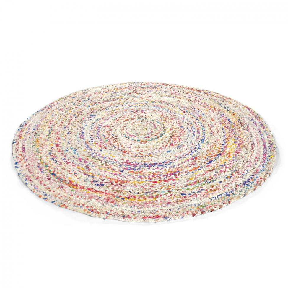 Rund matta 'Flätan' 120cm - Vit/Multi