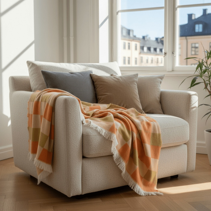 Pläd \'Audrey Check\' 130x170cm - Beige/gul/orange i gruppen Inredning / Textilier / Plädar & filtar hos Reforma (V10201735)