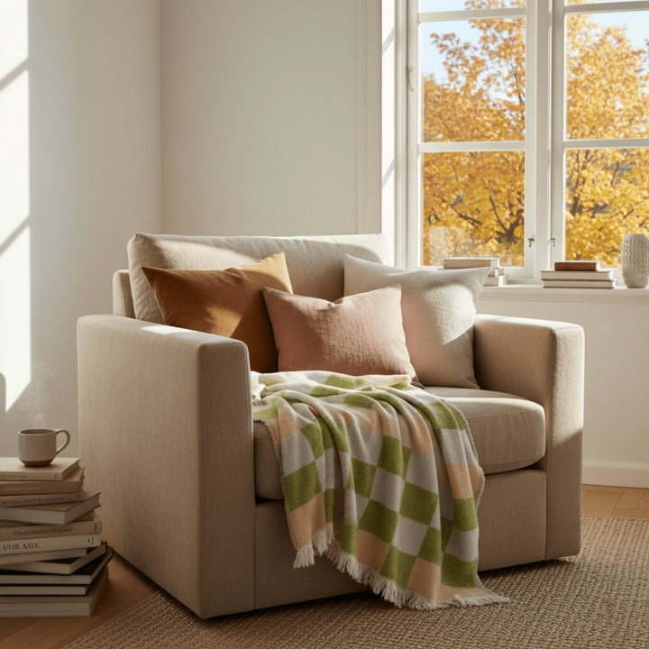 Pläd \'Audrey Check\' 130x170cm - Beige/grön/lila i gruppen Inredning / Textilier / Plädar & filtar hos Reforma (V10201736)