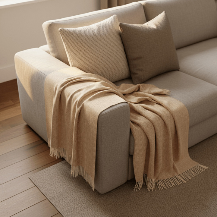 Bomullspläd \'Denisa Fishbone\' 130x170cm - Beige/vit i gruppen Inredning / Textilier / Plädar & filtar hos Reforma (V10201745)